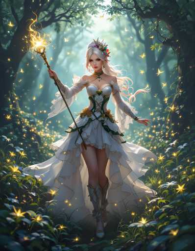 A woman with blonde hair and a white dress is walking through a forest filled with yellow flowers and green leaves. She holds a wand in her right hand and wears a crown on her head.