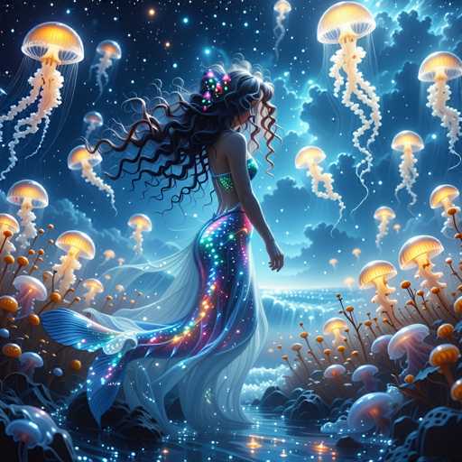 A woman with long brown hair and a blue dress stands on the right side of the image, facing away from the camera. The background is filled with numerous jellyfish floating around her, creating an ethereal atmosphere. The sky above them is dark blue, dotted with stars that add to the magical ambiance of the scene.