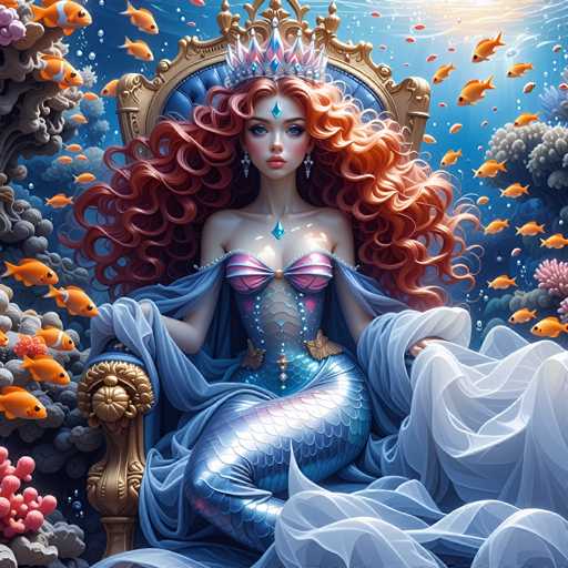 A woman with long red hair and a crown sits on a throne made of coral reefs, surrounded by an underwater scene filled with fish and other sea creatures.