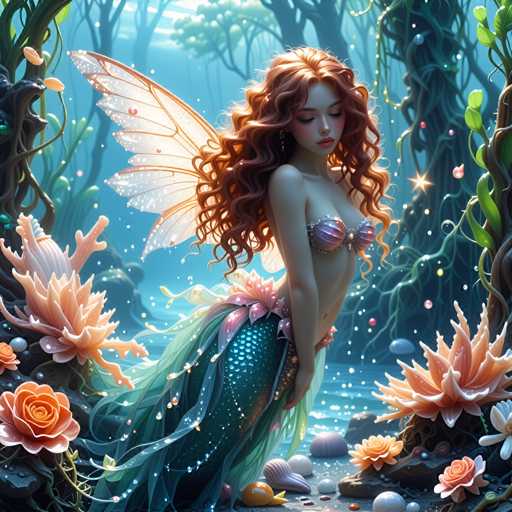 The image depicts a mermaid with long red hair and an orange body, wearing a green dress adorned with flowers. The mermaid is standing on rocks surrounded by various plants and flowers, including pink and white flowers that are scattered around her.