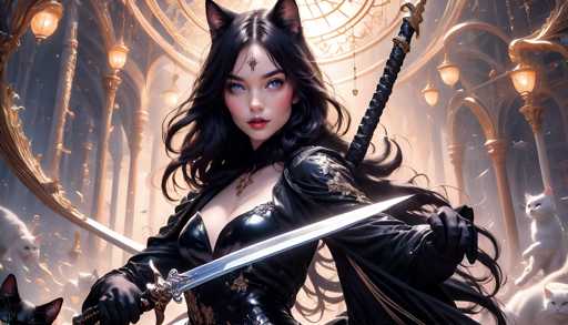 The image depicts a woman with long dark hair and striking blue eyes wearing a black outfit adorned with gold accents. She is holding two swords, one in each hand, positioned as if ready for battle or combat. The background features an ornate building with intricate designs and gold accents, suggesting a grand and opulent setting.