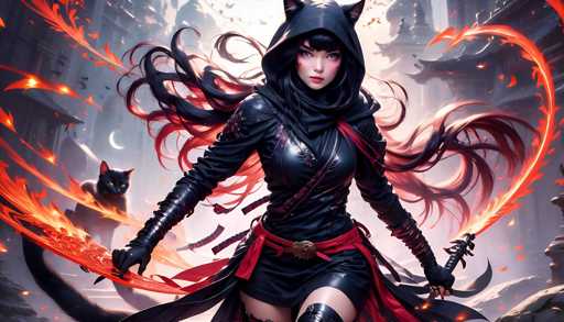 The image depicts a woman dressed in a black outfit with red accents and a hooded jacket, holding a sword and surrounded by flames. The background is dark gray, creating an intense atmosphere.