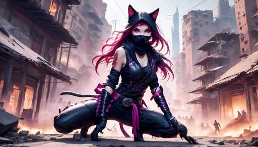 The image depicts a female character dressed in black attire with pink accents and a mask, crouched down on the ground in front of a cityscape filled with buildings and debris. The background is a blend of urban elements such as rubble and smoke, creating an atmosphere of destruction or chaos.