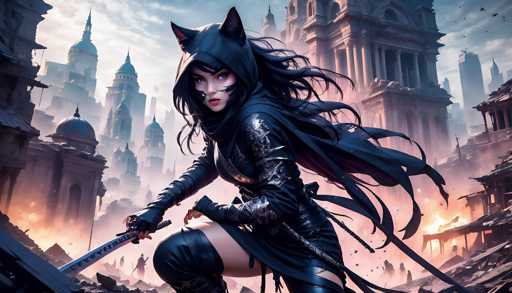 The image depicts a woman dressed in black attire with long hair and a hooded cape, holding a sword and surrounded by buildings of varying sizes and designs. The sky above is filled with clouds, creating an atmospheric setting for the scene.