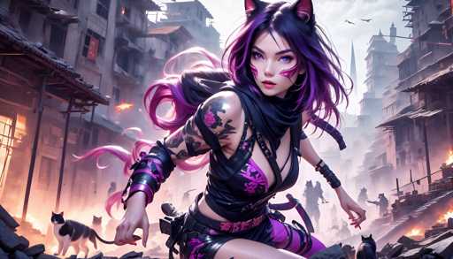 The image depicts a woman with long purple hair and tattoos on her arms and legs, dressed in a black outfit that includes a skirt and a top. She is standing in front of a cityscape filled with buildings and trees, suggesting an urban setting. The colors used are predominantly purple and brown, creating a moody atmosphere.