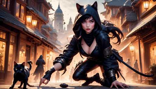 The image depicts a woman dressed in black attire crouching on her knees and pointing towards something off-camera. A cat is standing nearby, facing away from the camera. The background shows an urban setting with buildings and street lamps, suggesting that this scene takes place in a city or town.