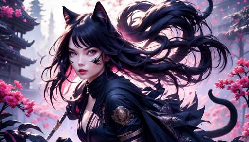 The image depicts a woman with long dark hair and makeup, dressed in a black outfit adorned with gold accents. She is standing in front of a temple surrounded by pink flowers, suggesting an Asian setting. The background features a sky filled with clouds, adding to the overall atmosphere of mystery and intrigue.