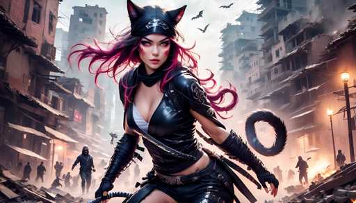 The image depicts a woman with long hair and pink hair wearing a black outfit that includes a hat and gloves. She is holding a cat on her shoulder while standing in the center of an urban setting filled with rubble and debris. The background shows buildings and other structures destroyed by a fire, suggesting a chaotic or dangerous environment.