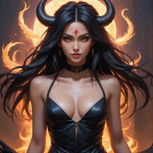 The image depicts a woman with long dark hair and black lipstick wearing a black dress with a red dot on her forehead. She is standing against a backdrop of flames and fire, suggesting a fiery or intense atmosphere. The style of the artwork appears to be surrealistic, with an emphasis on the fantastical elements rather than realistic details.