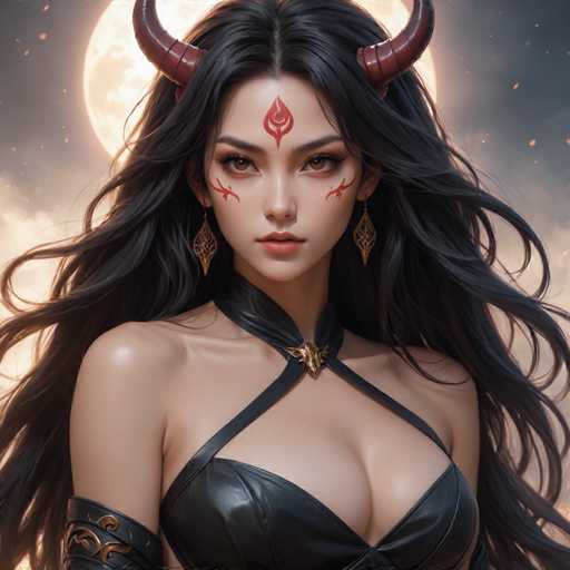 The image depicts a woman with long dark hair and red horns on her head wearing a black dress. She is facing the camera directly, giving an intense gaze that seems to be looking at the viewer. The background features a large full moon and some sparks in the distance, creating a dramatic atmosphere.