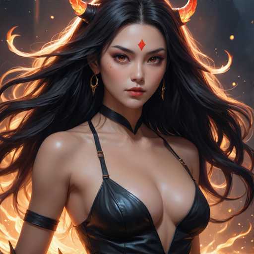 The image depicts a woman with long dark hair and red horns on her head. She is wearing a black dress that contrasts with the fiery background behind her. The woman's face features a serious expression as she gazes directly into the camera.
