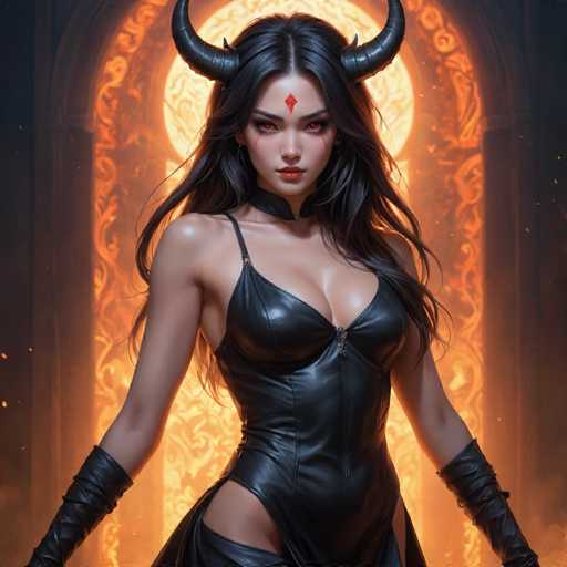 The image depicts a woman with long dark hair and red eyes wearing a black leather outfit that includes a corset and boots. She is standing in front of an archway or doorway, which appears to be made of stone or metal, possibly adorned with intricate designs. The background features a fiery orange glow, adding a sense of warmth and intensity to the scene.