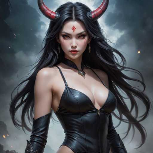 The image depicts a woman with long dark hair and red horns wearing a black leather outfit that includes a corset and boots. She is standing against a backdrop of flames and smoke, suggesting an intense or dramatic scene. The woman's expression appears to be serious as she gazes directly into the camera.