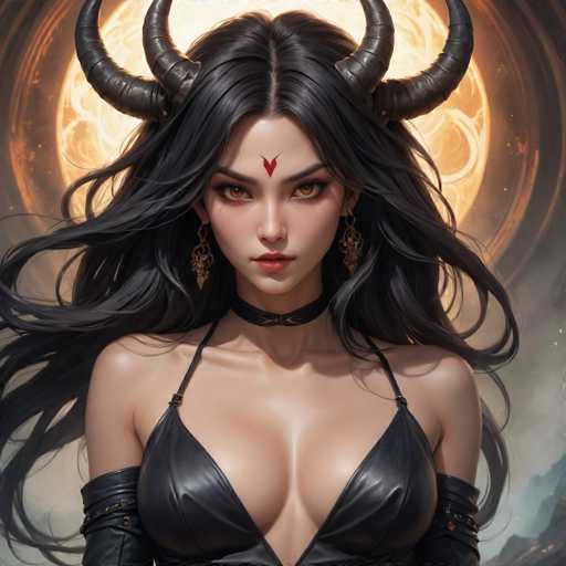The image depicts a woman with long dark hair and large horns wearing a black dress and earrings. The background features an orange circle with a yellow flame at the center, creating a dramatic effect against the dark tones of her attire.