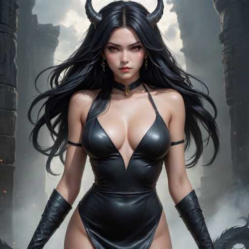 The image depicts a woman with long dark hair and black leather attire standing in front of a Gothic-style building. She is wearing a necklace around her neck and has a dramatic pose that suggests she might be a character from a fantasy or mythology story. The background features the architectural style of Gothic architecture, which includes pointed arches and towers.