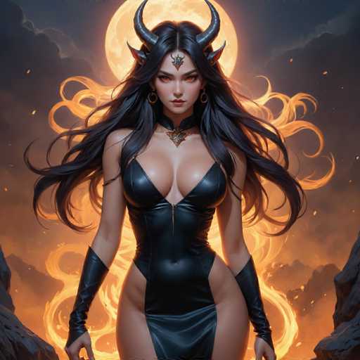The image depicts a woman with long dark hair and red eyes wearing a black dress adorned with horns. She is standing in front of a large flame that is burning brightly against the backdrop of a full moon. The scene suggests a sense of danger or impending doom, as if the flame is about to consume her.