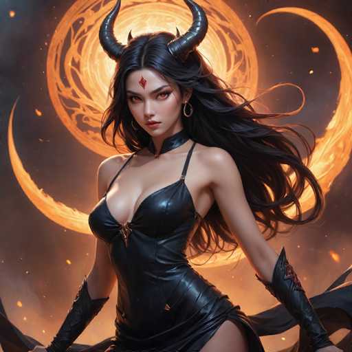 A woman with long dark hair and a black dress is depicted against a backdrop of flames and a crescent moon. The woman's face features red eyes and a nose ring, adding to the fantastical nature of the scene.