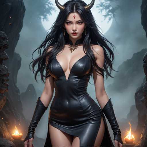 A woman with long dark hair and a black dress stands in front of a large rock formation, holding two lit candles that cast an eerie glow on her face. The background is shrouded in darkness, with smoke rising from the rocks behind her.