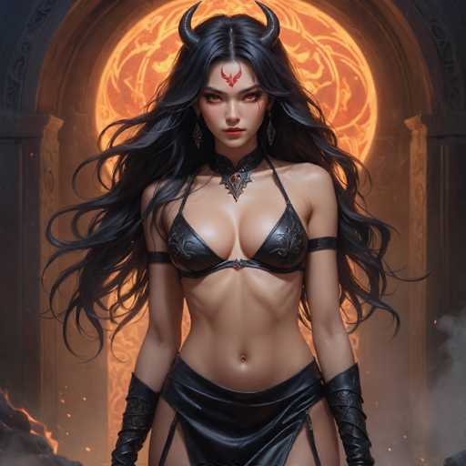 The image depicts a woman with long dark hair and black attire, including a skirt and a top that is black and adorned with red accents. She is wearing a necklace and earrings, adding to her regal appearance. The background features an archway or doorway, which could be part of a castle or palace setting, suggesting the scene might be set in a fantasy world or medieval period.

The woman's pose is striking, with her body language exuding confidence and grace as she stands before the archway.