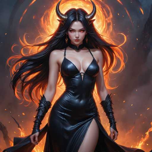 The image depicts a woman with long dark hair and red eyes wearing a black dress with a high neckline and split legs. She is standing in front of an orange flame that is burning brightly behind her. The background features a dark sky filled with smoke and flames, creating a sense of danger or chaos.