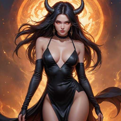 The image depicts a woman with long dark hair and horns wearing a black dress that falls down to her knees. She is standing against an orange background, which appears to be the setting of a fire or flames. The woman's pose suggests she might be in a dramatic or intense situation.