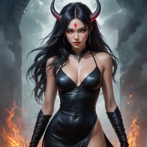 The image depicts a woman with long dark hair and red lipstick standing in front of a burning building. She is wearing a black dress that contrasts with the fiery backdrop. The woman's gaze is directed towards the camera, creating an intense and captivating scene.