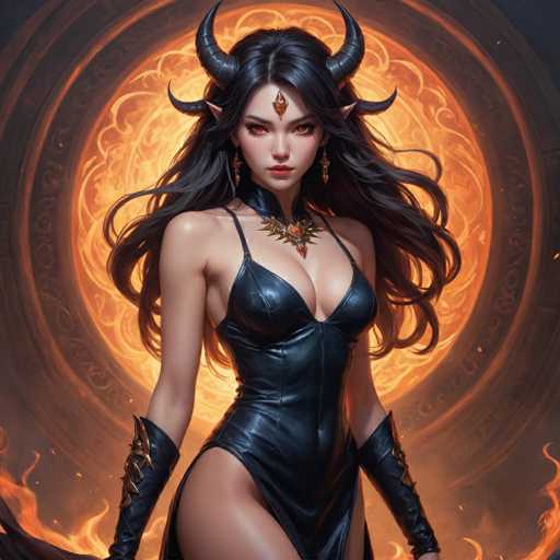 The image depicts a woman with long dark hair and red eyes wearing a black dress adorned with gold accents. She is standing in front of an orange circle that has flames burning within it, suggesting a fiery or intense atmosphere. The background features a large archway, which could be part of a castle or other architectural structure.