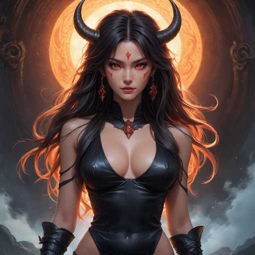 The image depicts a woman with long dark hair and red eye makeup wearing a black leather outfit that includes a corset and boots. She is standing against a backdrop of a large orange circle with a yellow sunburst at the center, suggesting an artistic or fantasy theme. The woman's pose and attire give off a sense of power and confidence.