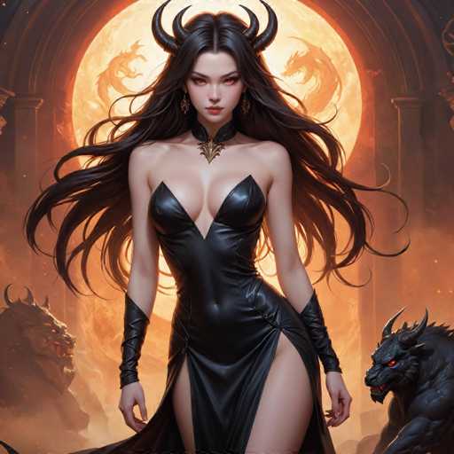 The image depicts a woman with long dark hair and large horns standing in front of a full moon. She is wearing a black dress that features a split thigh and a corset-like top. The background shows two dragons, one on the left side and another on the right side, as well as a fire pit filled with burning wood.