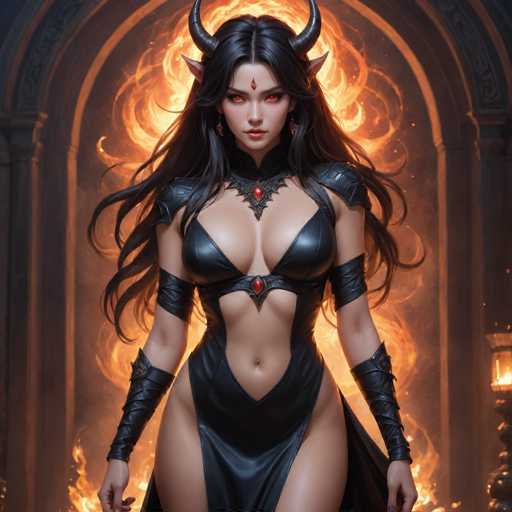 A woman with long dark hair and red eyes is standing in front of a burning archway. She is wearing a black dress that has a red gem on the chest area. The archway behind her is made of stone and is engulfed by flames.