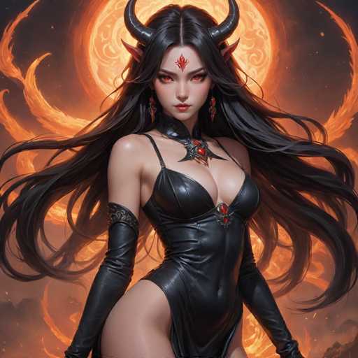 The image depicts a woman with long dark hair and red eyes wearing a black leather outfit adorned with red jewels. She is standing against the backdrop of an orange flame, which appears to be radiating from a large horn in the center of the frame. The woman's gaze is directed towards the viewer, creating a sense of connection between them.