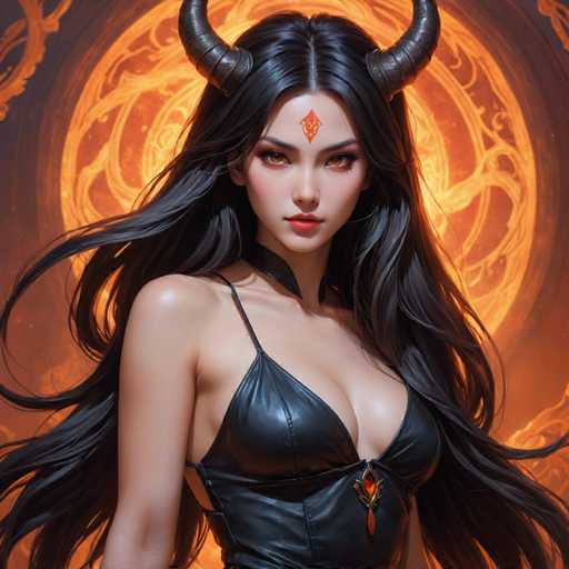 The image depicts a woman with long dark hair wearing a black dress and a necklace featuring a red gemstone. The background is orange and features a circular design that appears to be made of flames or fire.