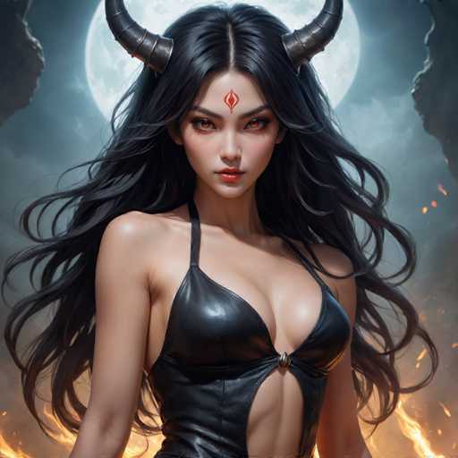 The image depicts a woman with long black hair and red eyes wearing a black leather dress with a red heart on her forehead. She is standing against a backdrop of flames and smoke, suggesting an intense or dramatic scene. The woman's gaze is directed straight at the camera, creating a sense of connection between the viewer and the subject.