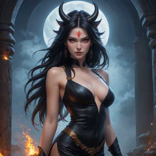 The image depicts a woman with long dark hair and red horns standing in front of an archway that is illuminated by the moonlight. The woman is wearing a black dress adorned with gold accents and has a red dot on her forehead.
