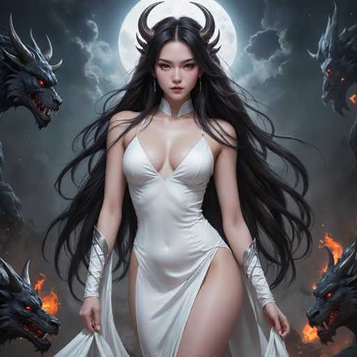 The image depicts a woman with long dark hair and red eyes standing in front of four dragons. The woman is wearing a white dress and has her arms crossed over her chest. The background features a full moon and the silhouettes of three dragons on either side of the woman.