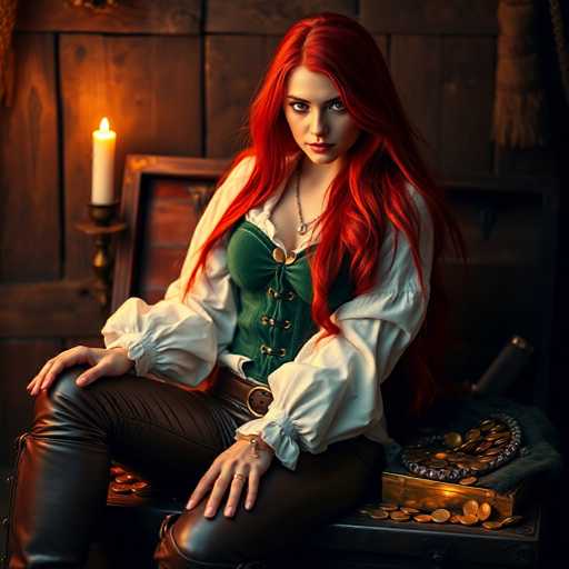 A woman with red hair is seated on a wooden bench, wearing a green and white outfit that includes a corset and a necklace. She has her hands resting on the bench and is looking directly at the camera. The setting appears to be an old-fashioned room or cabin, as evidenced by the presence of a candle in the background.