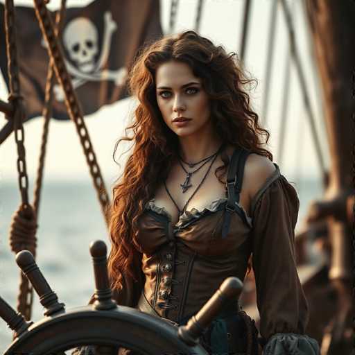 A woman with long brown hair is standing on a ship's deck and looking directly at the camera. She is wearing a corset and has a necklace around her neck that features a skull pendant. The ship she stands on appears to be a pirate ship, as indicated by the presence of a pirate flag in the background.