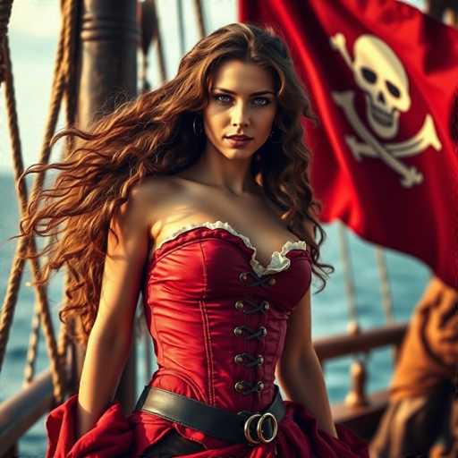 A woman with long brown hair is standing on a boat wearing a red corset and a black belt. She has her arms crossed over her chest and is looking directly at the camera. The background features a large pirate flag flying in the wind against a blue sky.
