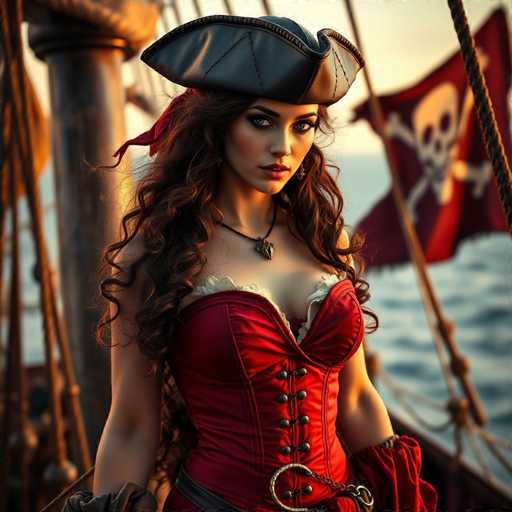 A woman stands confidently on a ship deck, wearing a red corset and a black pirate hat with a feather. She holds a sword in her right hand and wears a necklace around her neck. The ship is adorned with a large red flag that flutters in the wind.