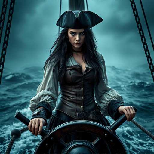 A woman wearing a black pirate hat and a brown leather vest is the main subject of this image. She is standing on a ship's wheel, holding a rope that appears to be connected to the ship's mast or rigging. The background features a dark blue sky with white clouds, suggesting an overcast day.