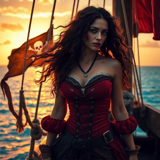A woman with long dark hair is standing on a boat at sunset. She is wearing a red dress and a black belt corset, which gives her an elegant appearance. The boat has a pirate flag hanging from it, adding to the maritime theme of the scene.