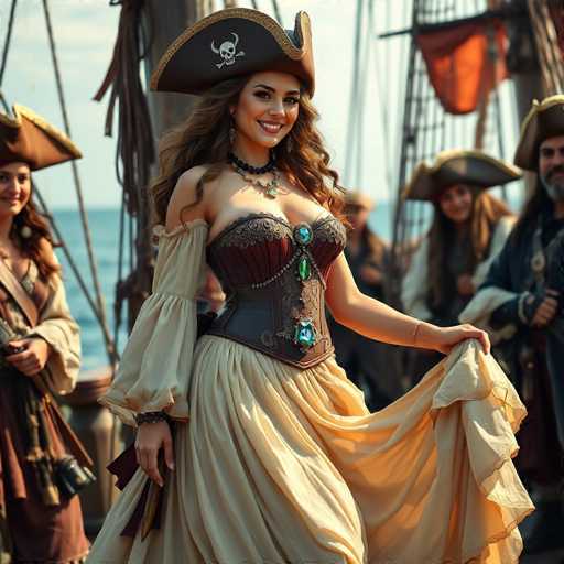 A woman wearing a pirate hat and corset is standing on a ship deck with her arms outstretched. The ship has red sails and the sky above is blue with clouds.