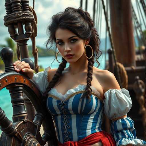 A woman with long brown hair and large hoop earrings is standing next to a wooden ship's wheel. She is wearing a blue and white striped dress that matches the color of the wheel she is leaning on. The background shows a serene view of water under a clear sky, suggesting an outdoor setting near a body of water.