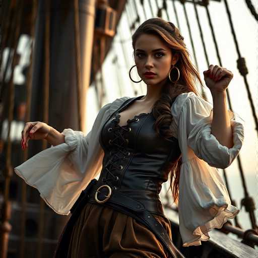 A woman with long brown hair is posing on a boat deck. She is wearing a black leather outfit and has her arms outstretched as she looks directly at the camera. The background features a wooden structure that appears to be part of the boat's rigging system.