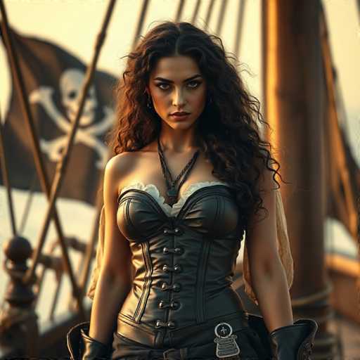 A woman with long dark hair is standing on a wooden boat, wearing a black corset and holding a keychain. The background features a pirate ship with a skull and crossbones flag flying high above it.