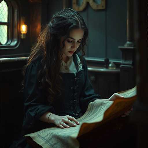 A woman with long brown hair is sitting on a bench and reading an old map. She is wearing a black dress that contrasts with the light blue wall behind her. The map she's looking at appears to be from the 18th century, suggesting it might be a historical artifact or a piece of art.