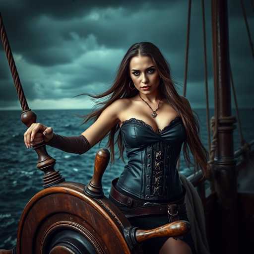 A woman with long brown hair is standing on a wooden ship's wheel, wearing a black corset and a necklace around her neck. She has a serious expression on her face as she gazes out at the ocean.