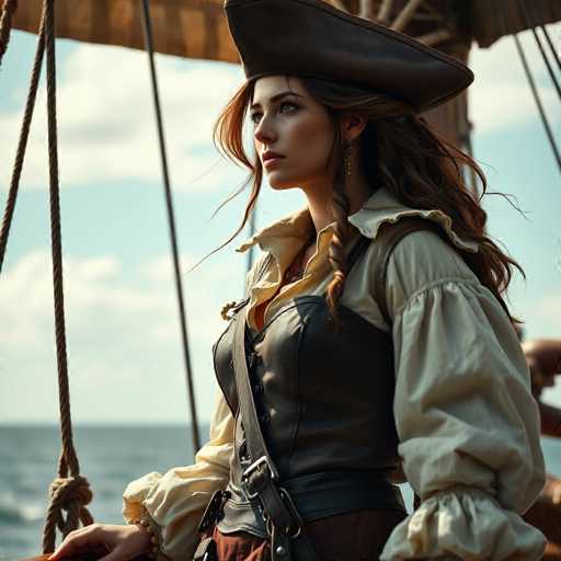 A woman dressed as a pirate stands on a ship's deck, wearing a brown leather vest and hat with gold accents. She holds a sword in her right hand and wears earrings. The background shows the vast ocean under a clear blue sky.