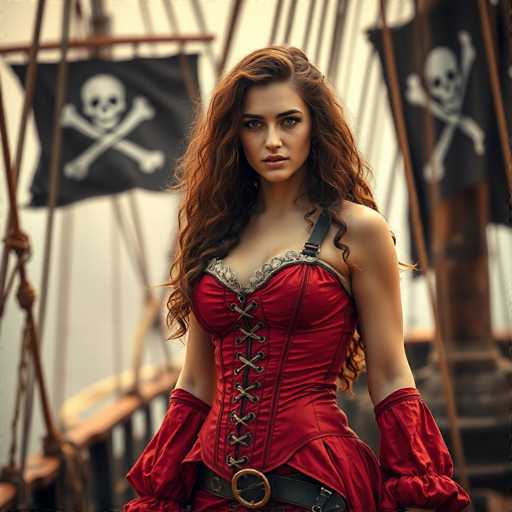 A woman with long brown hair is standing on a wooden deck, wearing a red corset and a black top hat. She has her hands placed behind her back and is looking directly at the camera. The background features two large pirate flags fluttering in the wind, adding to the overall theme of the image.