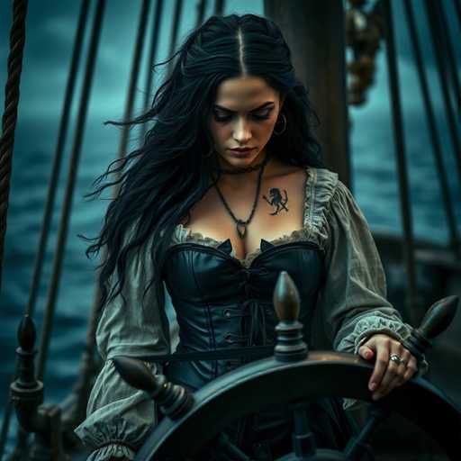 A woman with long dark hair is seated at a wooden ship's wheel and steering wheel, wearing a black dress that features a large collar and corset. She has a tattoo on her neck. The ship appears to be sailing through rough waters, as evidenced by the choppy waves visible in the background.